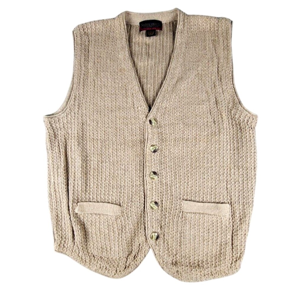 Saddlebred Sweater Vest Mens M Beige Ramie Cotton Button Front Cable Grandpa
